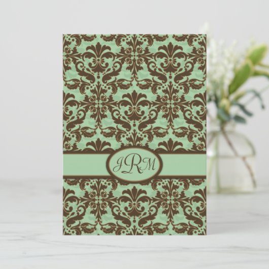 Chocolade Brown en Mint Green Damask Kaart (Staand voorkant)