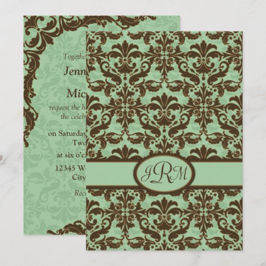 Chocolade Brown en Mint Green Damask Kaart (Voorkant / Achterkant)