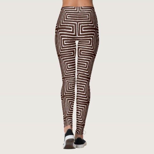Chocolade Brown en White Maze African Mud Cloth Leggings (Achterkant)