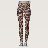 Chocolade Brown en White Maze African Mud Cloth Leggings (Voorkant)