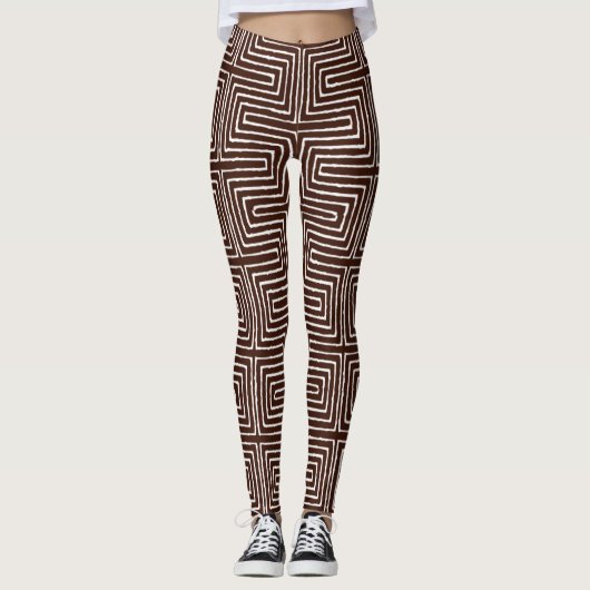 Chocolade Brown en White Maze African Mud Cloth Leggings (Voorkant)