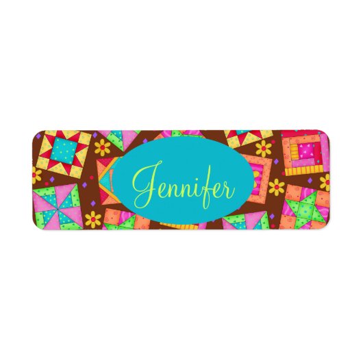 Chocolade Brown kleurrijke quilt Patchwork Block A Etiket (Voorkant)