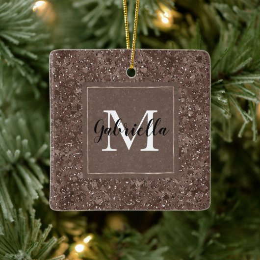 Chocolade Brown Leopard Glitter Monogram Keramisch Ornament (Boom)