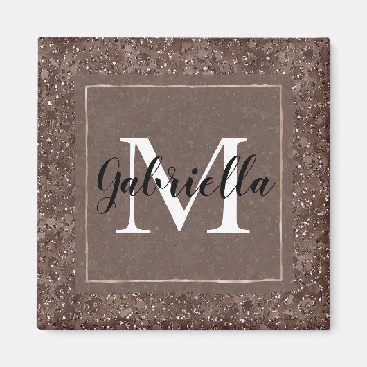 Chocolade Brown Leopard Glitter Monogram Magneet (Voorkant)