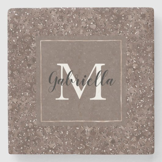 Chocolade Brown Leopard Glitter Monogram Stenen Onderzetter (Voorkant)