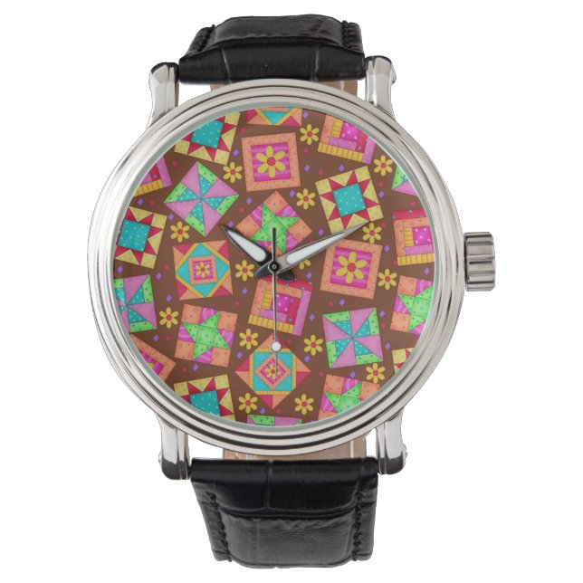 Chocolade Brown-patchwork Quilt Art-blokken Horloge (Voorkant)