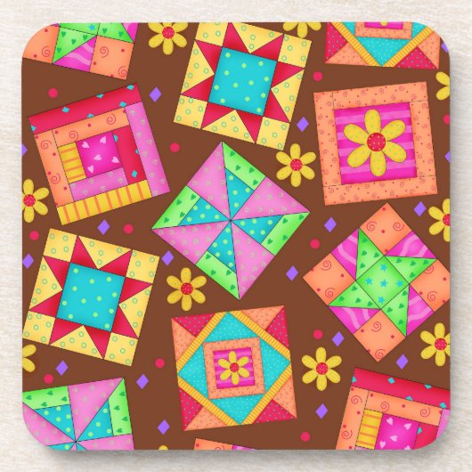 Chocolade Brown Patchwork Quilt Block Art Bier Onderzetter (Voorkant)