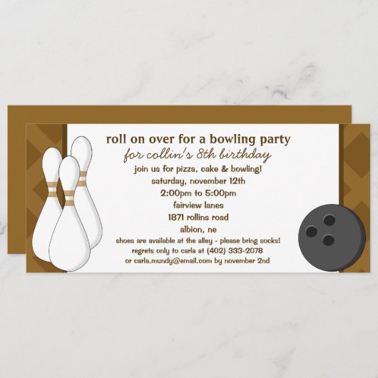 Chocolade Brown Roll Over Bowling Birthday Party Kaart (Voorkant / Achterkant)