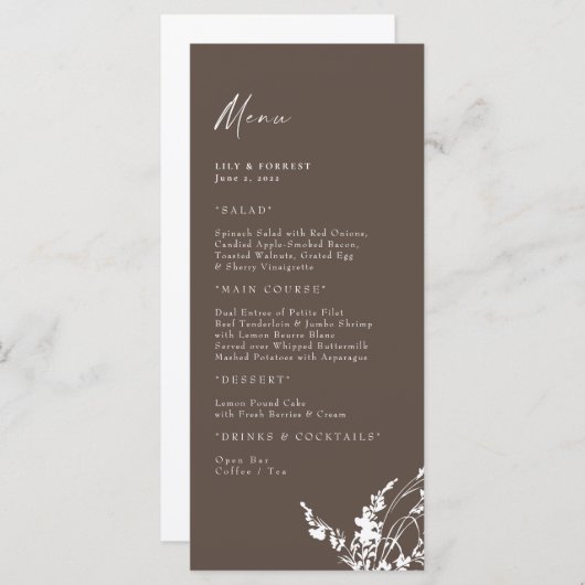 Chocolade bruiloft moderne witte bloemen menu (Voorkant / Achterkant)