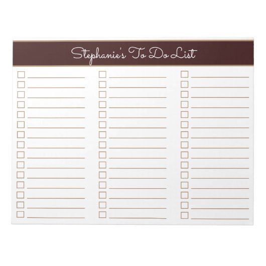 Chocolade Bruin 8.5x11 Drie Kolommen Checklist Notitieblok (Voorkant)
