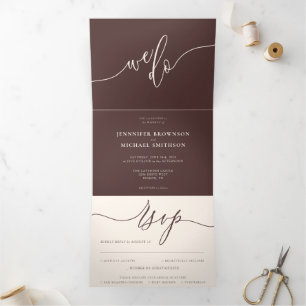 Chocolade Bruin Bruiloft extra we do All In One Drieluik Uitnodiging