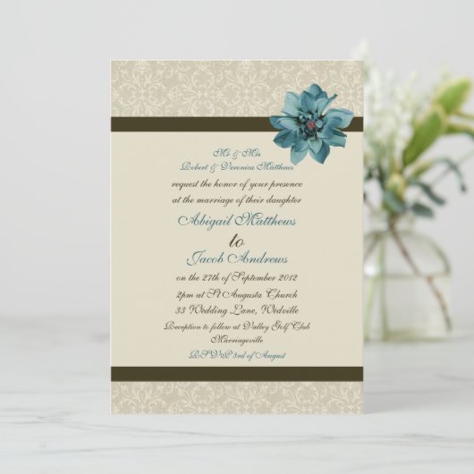 Chocolade bruin crème en Blauwgroen blauw huwelijk Kaart (Staand voorkant)