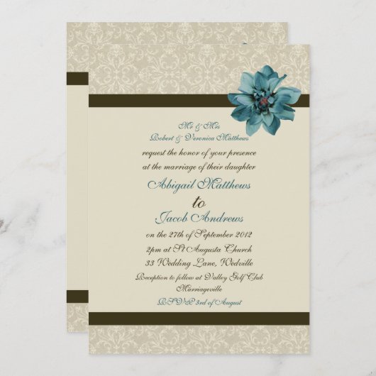 Chocolade bruin crème en Blauwgroen blauw huwelijk Kaart (Voorkant / Achterkant)
