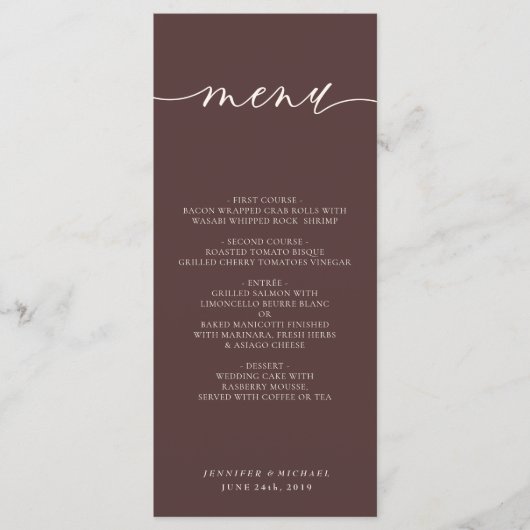 Chocolade Bruin Eenvoudig Script Huwelijksdiner Menu (Voorkant)