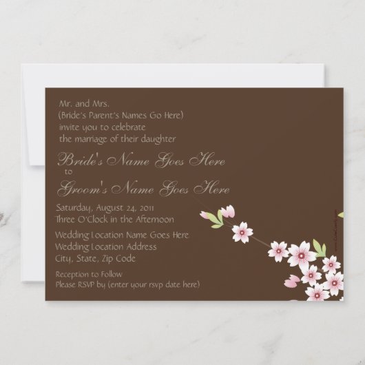 Chocolade bruin en kersenbloesem bruiloft kaart (Achterkant)