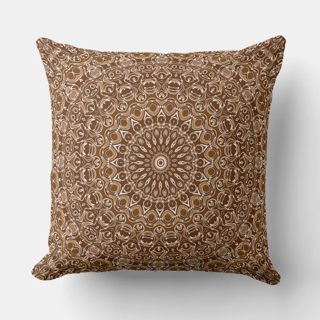 Chocolade Bruin en Wit Mandala Patroon Kussen (Voorkant)