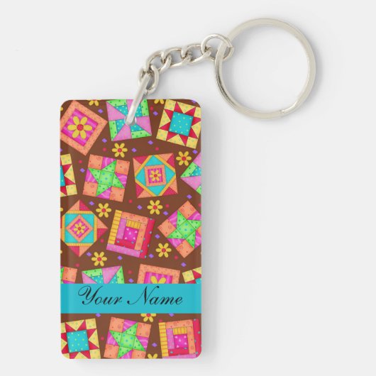 Chocolade Bruin Kleurrijke Quilt Patchwork Blocks Sleutelhanger (achterkant)