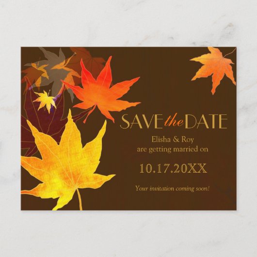 Chocolade Bruin Maple Leaf Bruiloft Save the Date Aankondigingskaart (Voorkant)