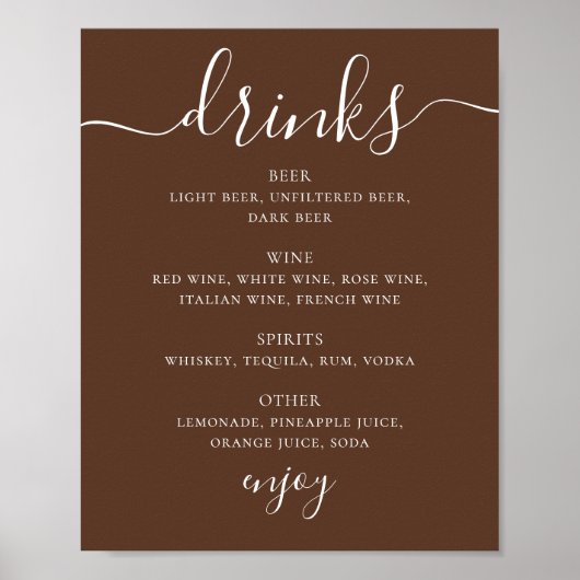 Chocolade Bruin Modern Script Trouw Dranken Menu Poster (Voorkant)