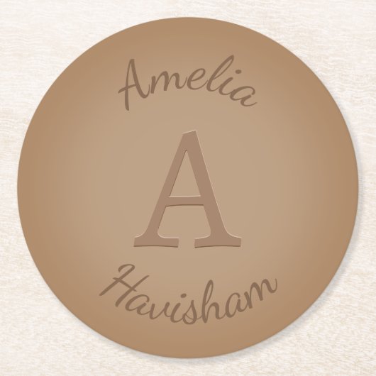 Chocolade bruin monogram & naam gepersonaliseerd ronde kartonnen onderzetter (Voorkant)