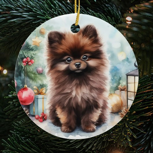 Chocolade Bruin Pommerse Puppy Kerstmis Keramisch Ornament