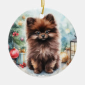 Chocolade Bruin Pommerse Puppy Kerstmis Keramisch Ornament (Voorkant)