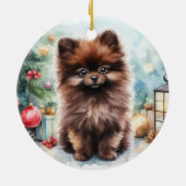 Chocolade Bruin Pommerse Puppy Kerstmis Keramisch Ornament (Achterkant)