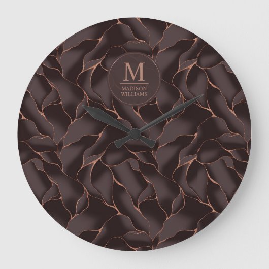 Chocolade Bruin & Roze Goud Abstract Golfpatroon Grote Klok (Voorkant)