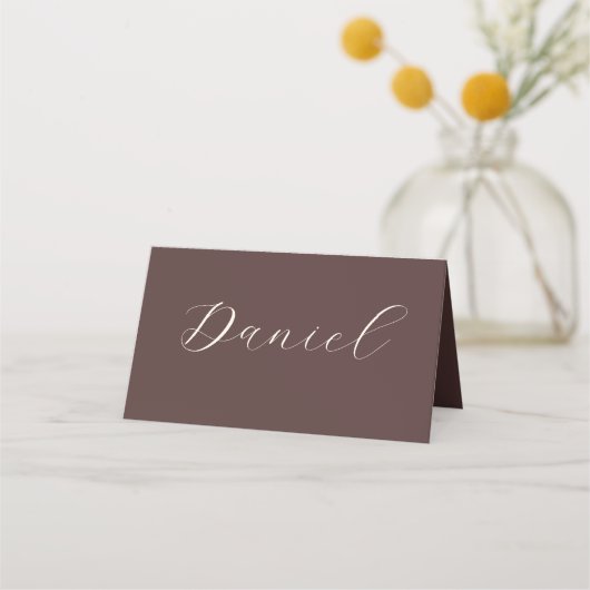 Chocolade Bruine Beige Boho Huwelijk Script Naam Plaatskaartje (Voorkant)