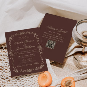 Chocolade Bruine Bloemige Oude Geld QR Code Trouw Kaart