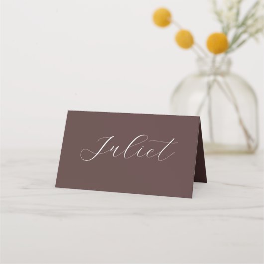 Chocolade Bruine Boho Huwelijk Script Naam Plaatskaartje (Voorkant)