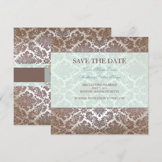 Chocolade bruine damast save the date kaart (Voorkant / Achterkant)