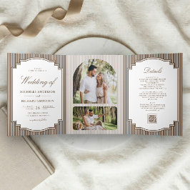 Chocolade Bruine Gestreepte Foto QR Code Trouwen Drieluik Uitnodiging