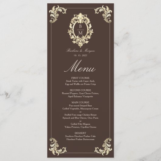 Chocolade Bruine Gouden Barok Monogram Huwelijk Menu (Voorkant)