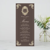 Chocolade Bruine Gouden Barok Monogram Huwelijk Menu (Staand voorkant)
