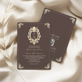 Chocolade Bruine Gouden Barok Monogram QR Bruiloft Kaart