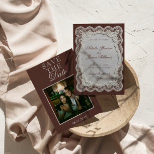 Chocolade Bruine Kant Old Money Foto Bruiloft Save The Date