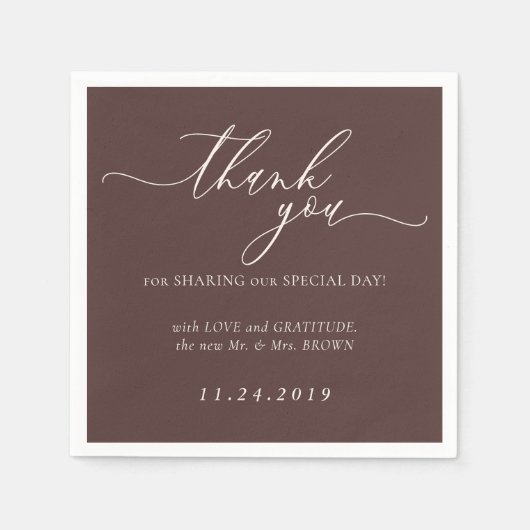 Chocolade Bruine Minimalistische Decoratie Bruilof Servet (Voorkant)
