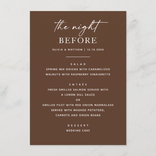 Chocolade Bruine Moderne Script Proefhuwelijksdine Menu (Voorkant)