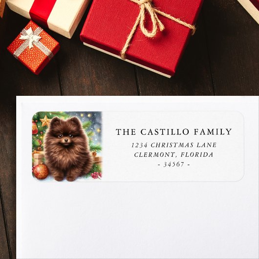 Chocolade Bruine Pomeranian Kerst Adres Etiket