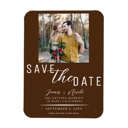 Chocolade Bruine Save the Date Foto Bruiloft Magneet (Verticaal)