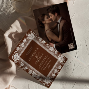 Chocolade Bruine Vintage Kant Oude Rijkdom Bruilof Kaart