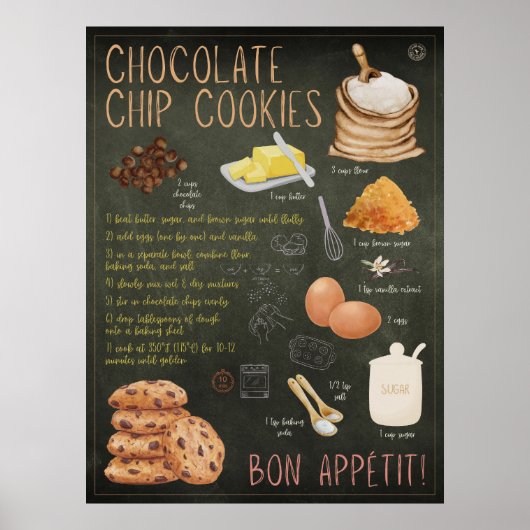 Chocolade Chip Cookies Recept Krijtbord Print (Voorkant)