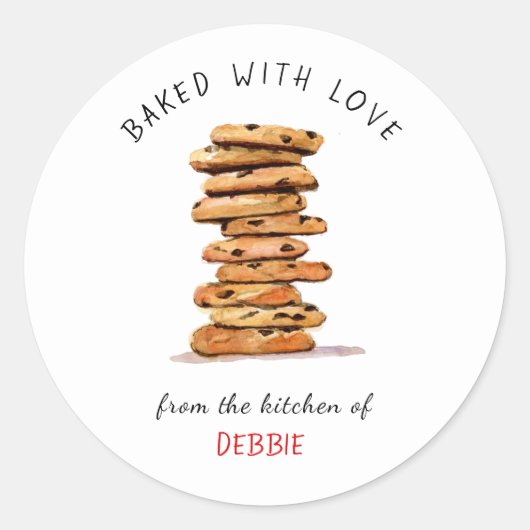 Chocolade chip koekje "gebakken met liefde" ronde sticker (Voorkant)