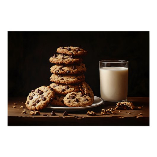 Chocolade Chip koekjes en melk schilderij Perfect Poster (Voorkant)