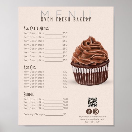 Chocolade Cupcake Blush Menu Bakkerij Prijslijst Poster (Voorkant)