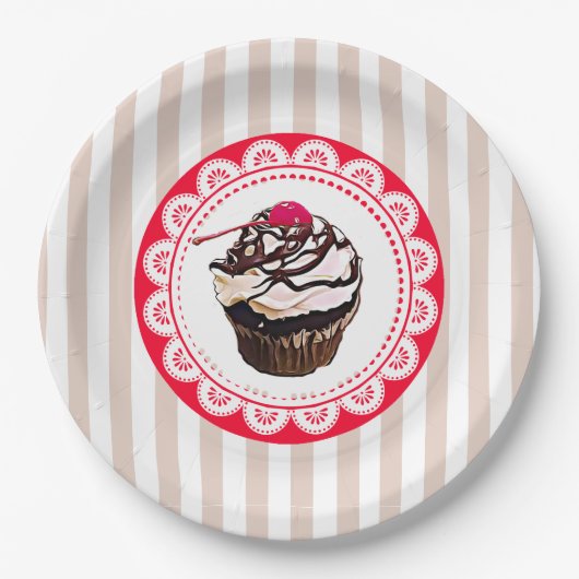 Chocolade Cupcake met Borden voor kerselpapier Papieren Bordje (Voorkant)