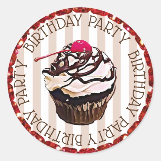 Chocolade Cupcake met Cherry Birthday-stickers Ronde Sticker (Voorkant)