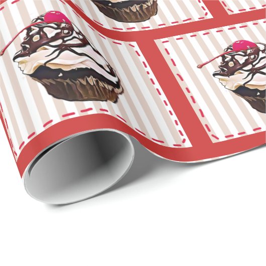 Chocolade Cupcake met Cherry Red Gift Wrap Cadeaupapier (Rol Hoek)