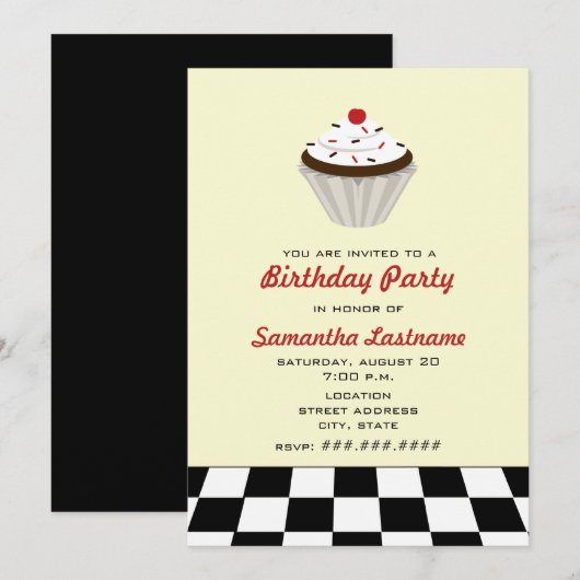 Chocolade Cupcake met Cherry Retro Birthday Party Kaart (Voorkant / Achterkant)